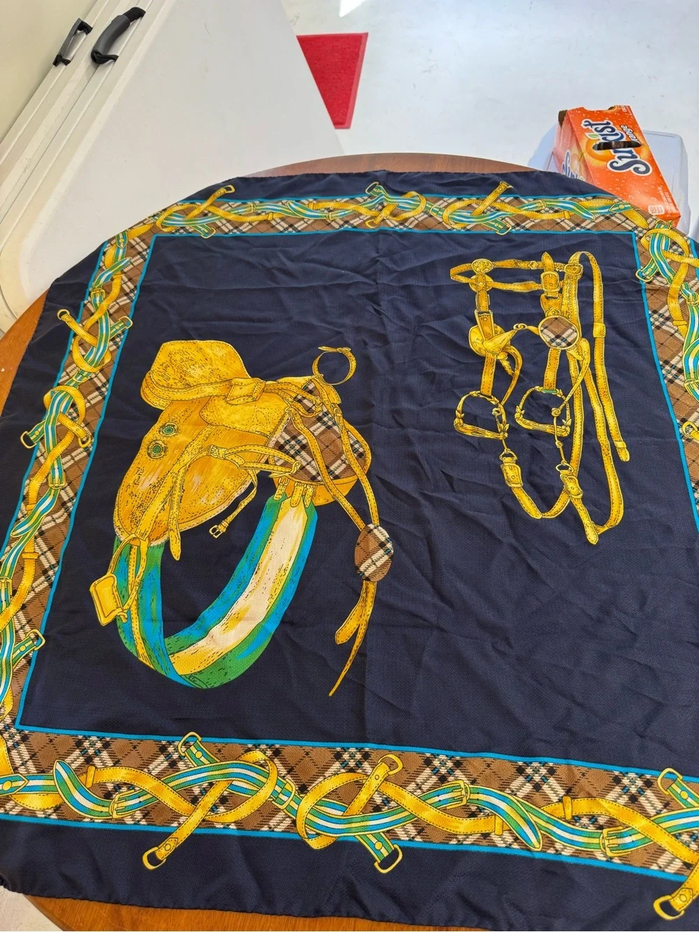 Equestrian Print 💯 silk Scarf in Navy and Gold made in Italy